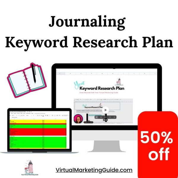 Journaling Keyword Research plan displayed on a computer, ipad screen with a journal and pen in the background and 50 percent off sticker.