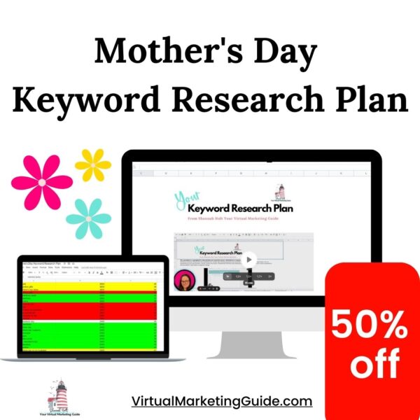 Mother's Day Keyword Research Plan displayed on a computer, ipad screen with flowers and 50 percent off sticker.