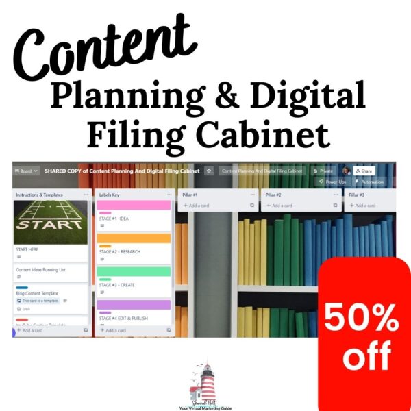 Screenshot of the Content Planning And Digital Filing Cabinet in a Trello board.