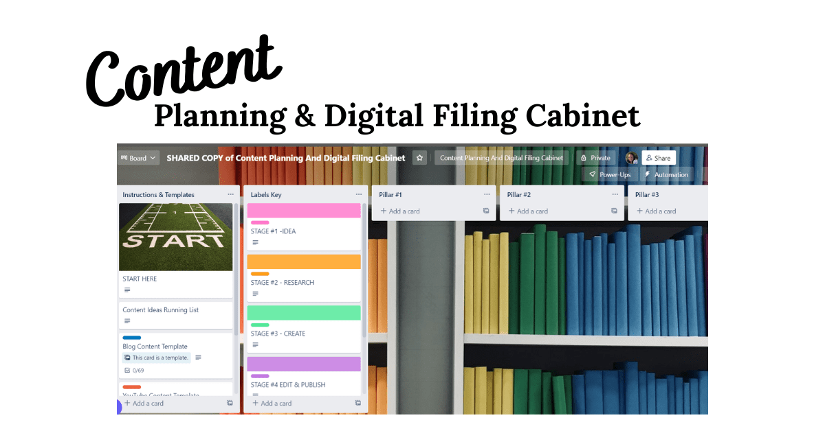 A screenshot of the content planning and digital filing cabinet Trello board